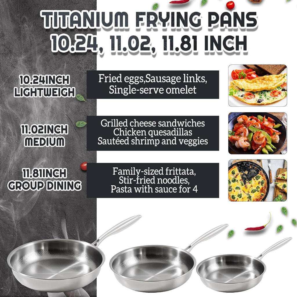 LemonRoad 3 Pcs 10.23', 11.02', 11.81' Titanium Pan Set for Cooking, Hammered Pan with Lid for Cooking Durable Scratch Resistant, Safe for Oven Induction