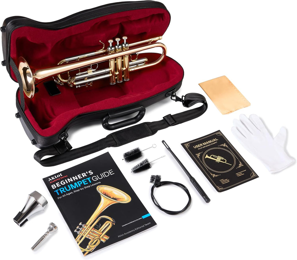 AKLOT Tri-Metallic Artistry Bb Trumpet: Phosphor Bronze Bell, Smooth Monel Valves, Double-Bar Support System, Includes Premium Leather Case, Lesson Book, 7C Mouthpiece, Mute, Cleaning Kit (SNR-PriFTG)