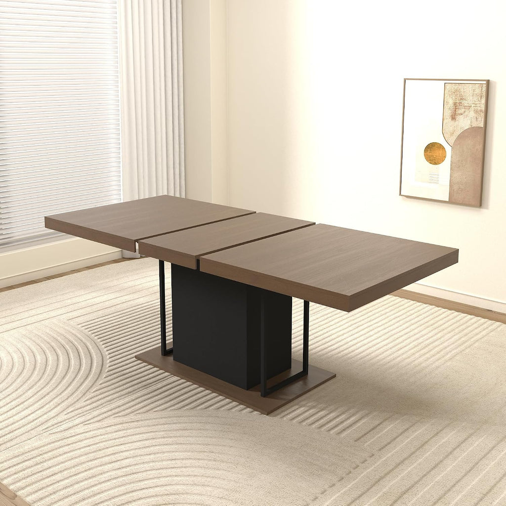 78.74'' Extendable Rectangular Dining Table for 4-8, Modern Mid-Century Wood Expandable Kitchen Dinner Conference Table for Living Room Office, Widen Pedestal Base, Black & Brown