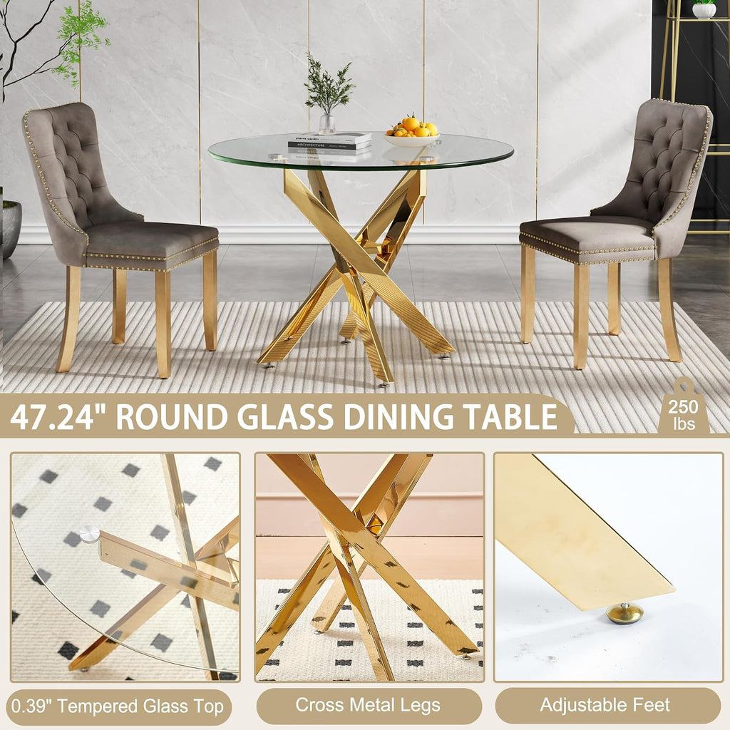 47.24' Round Dining Table for 6 8, Modern Clear Glass Kitchen Table for 6 with Gold X Metal Legs, Contemporary Circle Dining Room Leisure Tables for Kitchen Apartment