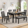 LUMISOL 6 Piece Dining Table Set with Bench and Chairs, Wood Kitchen Table Set for Kitchen, Dining Room, Living Room, Light Grey+Black