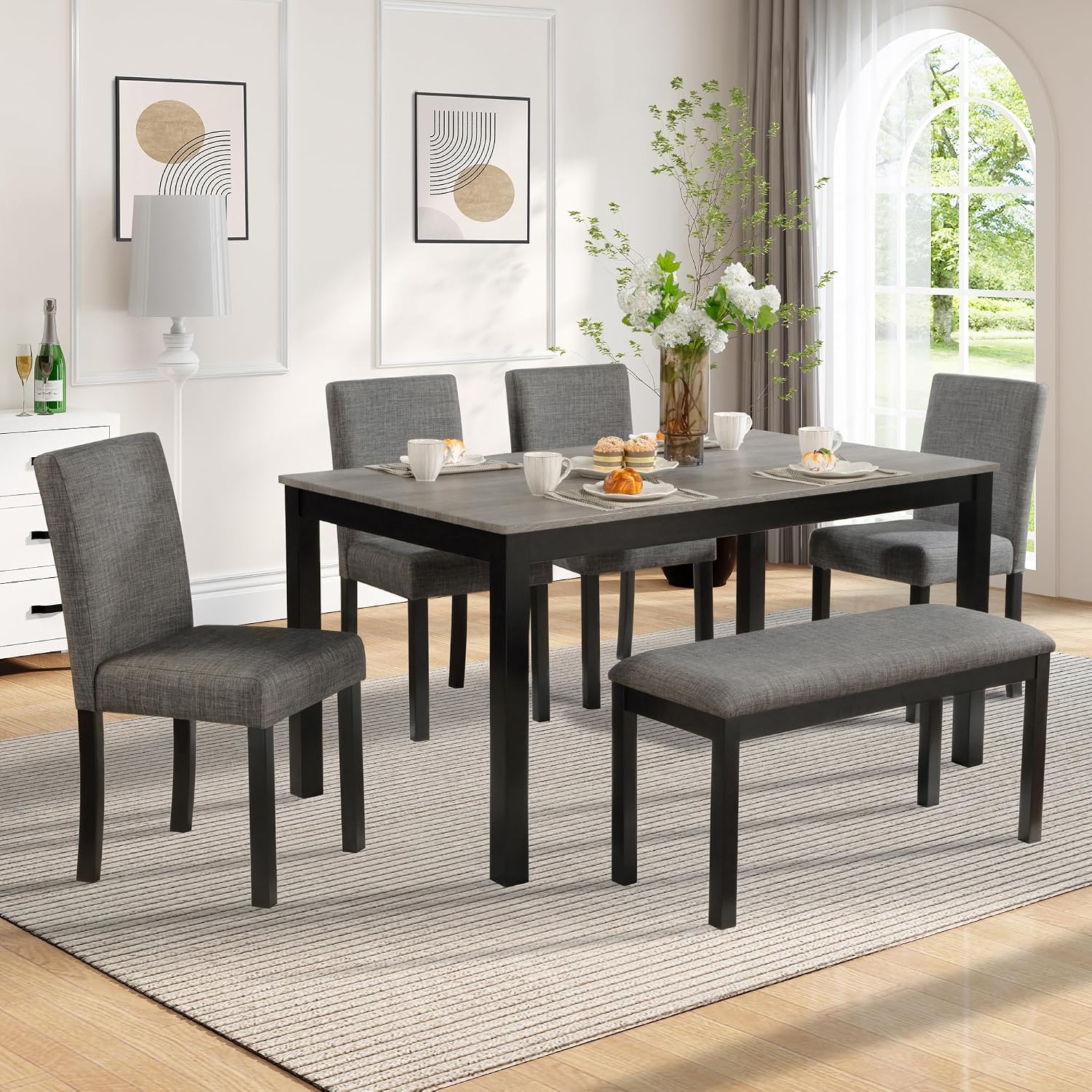 LUMISOL 6 Piece Dining Table Set with Bench and Chairs, Wood Kitchen Table Set for Kitchen, Dining Room, Living Room, Light Grey+Black