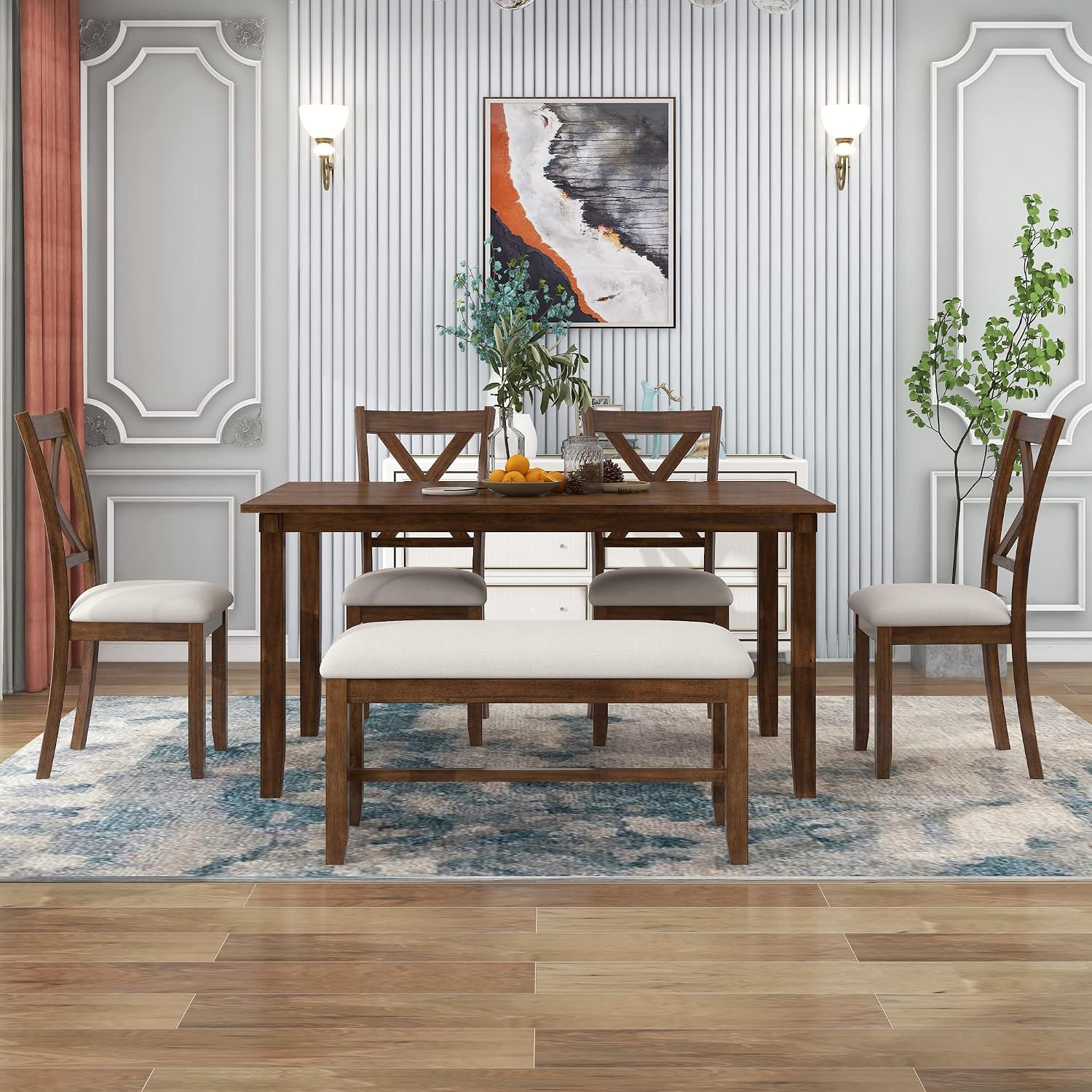 Harper & Bright Designs 6 Pieces Dining Table Set, Wooden Rectangle Table and 4 Chairs with Bench with Cushion, Kitchen Table Chairs Set for 6 Persons, Dining Room Set - Natural Cherry