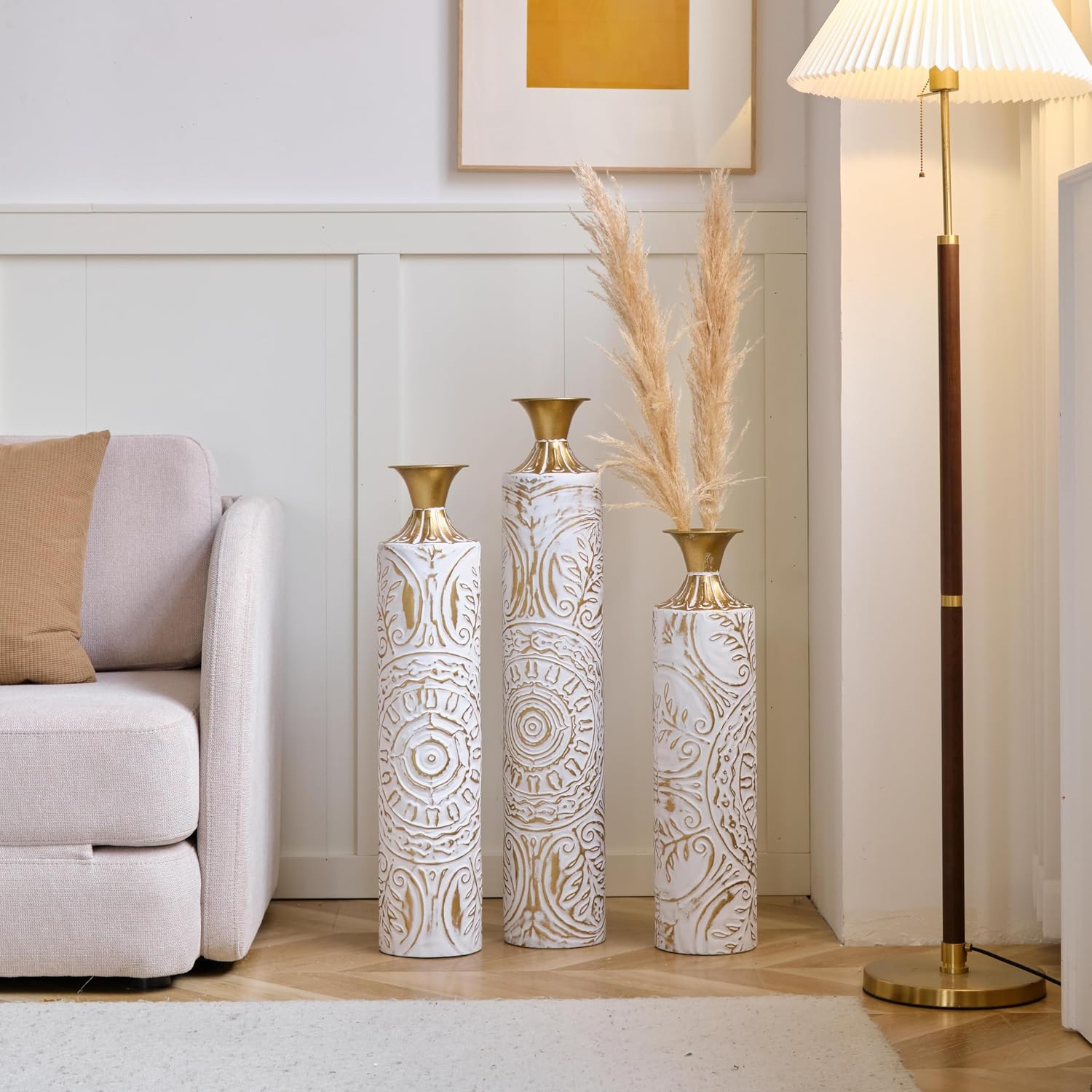 Metal Floor Vase Set - 3D Floral Relief Cylinder Vases for Living Room, Entryway & Office Decor, 24in/28.7in/33.5in Rustproof Tall Standing Home Décor (White+Gold Pattern)