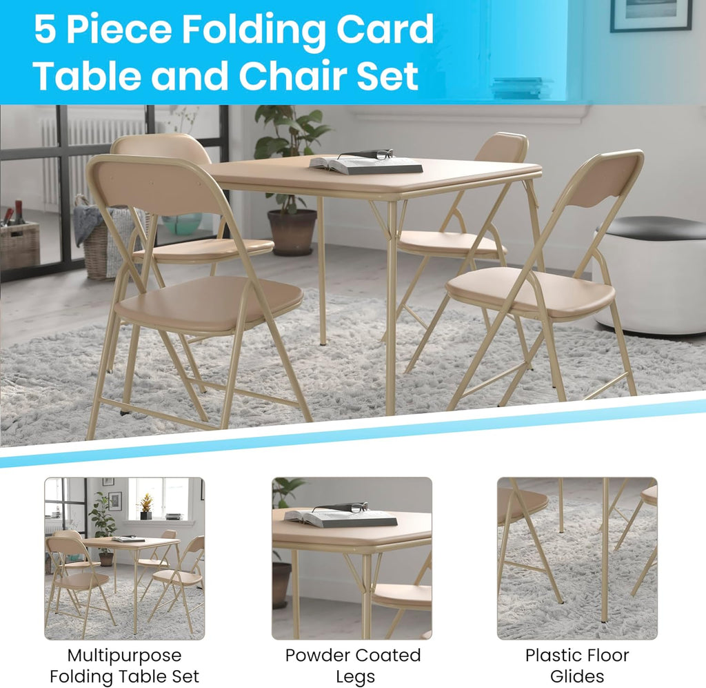 EMMA + OLIVER 5-Piece Multipurpose Folding Card Table and Chairs Set for 4 Players, Padded Top Portable Square Folding Table and Chairs Set, Tan