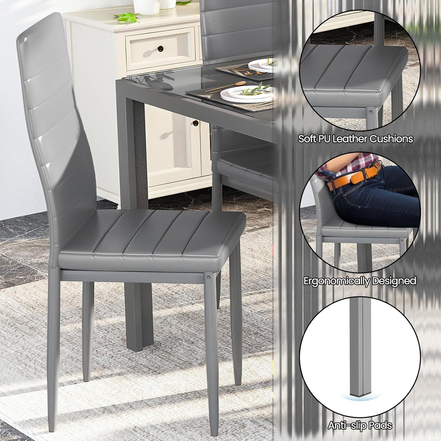DKLGG 7-Piece Dining Table Set for 6, Tempered Glass Kitchen Table with PU Leather Chairs, Modern Dining Room Table Set for Small Space, Dinette, Apartment, Grey