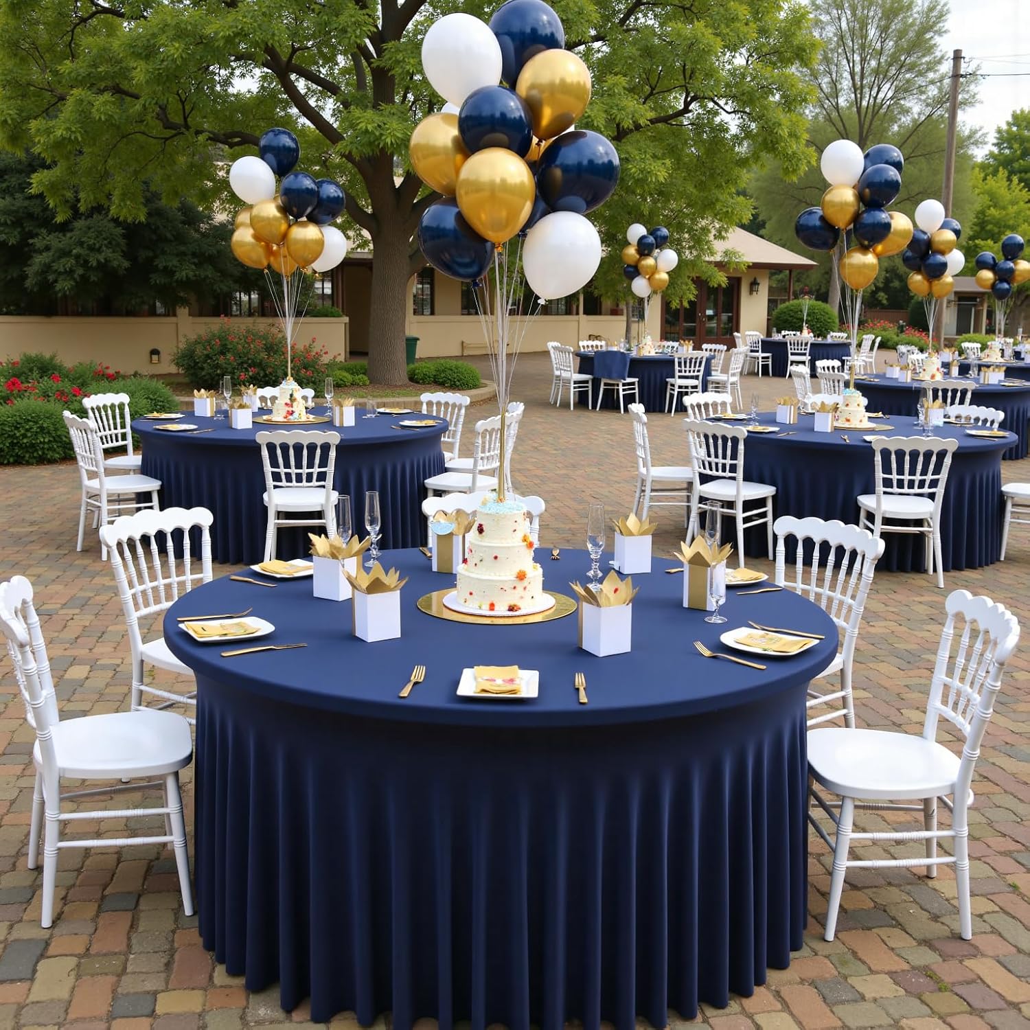 Outpain 8 Pack Navy Blue Spandex Round Tablecloths - Fitted 132in Wrinkle Free Table Covers with Skirt for 72in Table, Wedding Party Dining Banquet