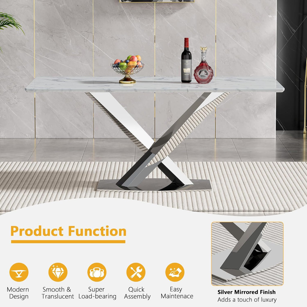 70' White Marble Dining Table for 4 to 6, Modern Faux Marble Kitchen Table with Silver X Shape Stainless Steel Pedestal, Luxury Rectangular Kitchen Dining Room Table for Breakfast Dinette Dinner Party