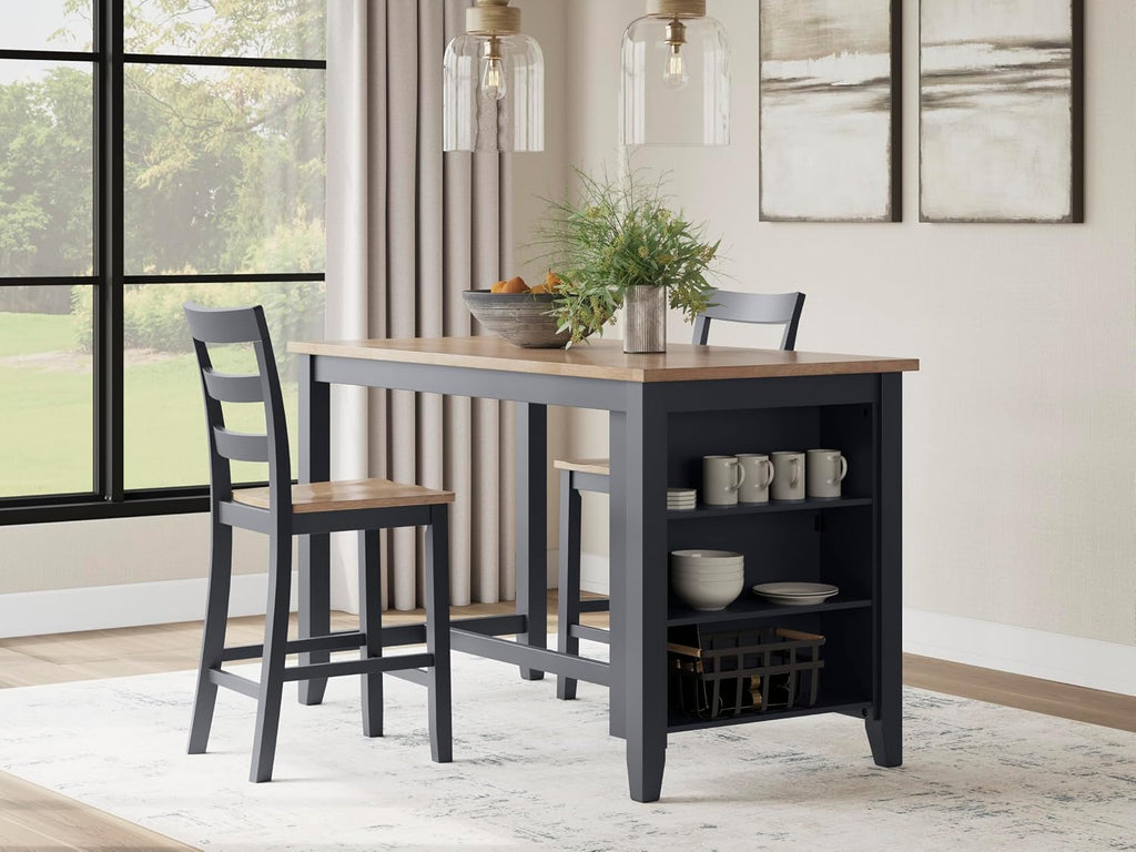 Signature Design by Ashley Gesthaven Modern Counter Height Dining Table with 3 Shelves and Trestle Base, Light Brown & Blue
