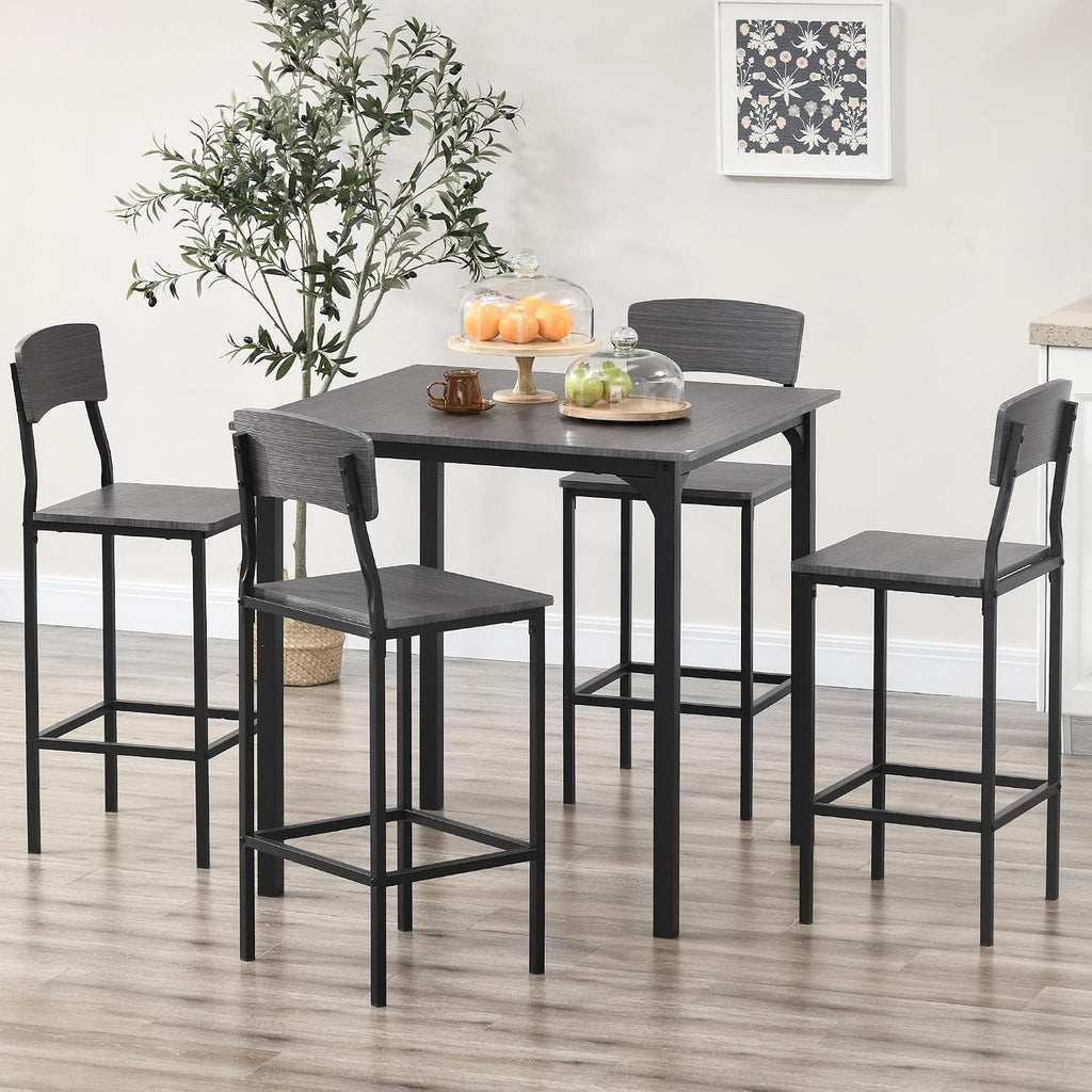 HOMCOM 5-Piece Counter Height Bar Table with Space-Saving Design, Square Kitchen Table and Chairs Set with Footrest, Metal Legs, Industrial Dining Table Set for 4, Gray