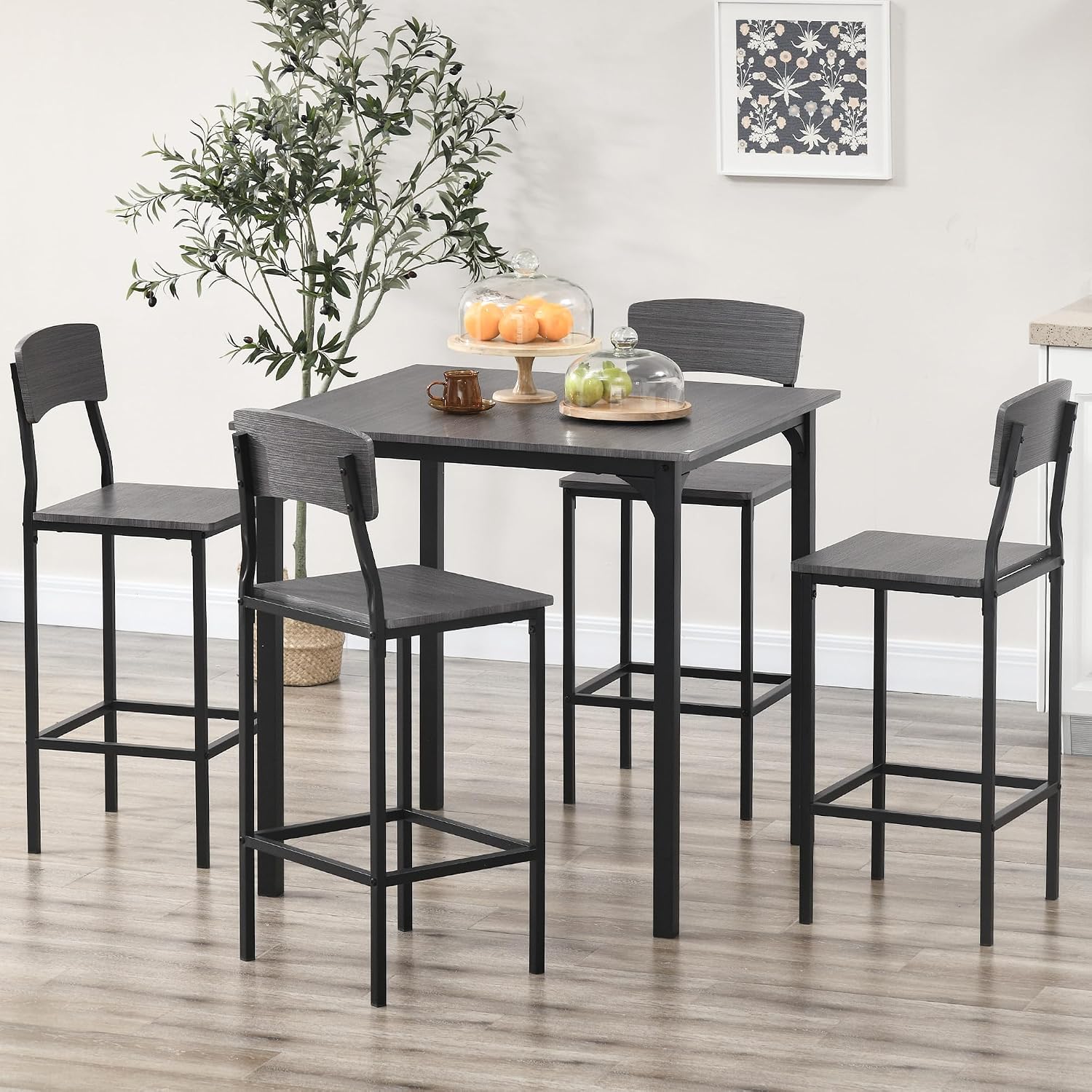 HOMCOM 5-Piece Counter Height Bar Table with Space-Saving Design, Square Kitchen Table and Chairs Set with Footrest, Metal Legs, Industrial Dining Table Set for 4, Gray