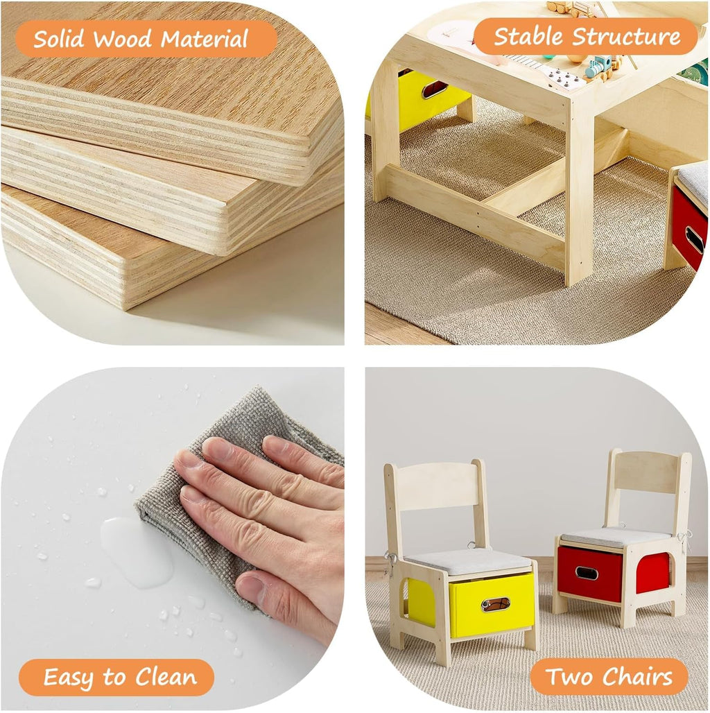 EXPERLAM Kids Table and 2 Chairs Set, Wooden Toddler Activity Table with Adjustable Drawing Tabletop, Safety Hinges, Storage Drawers &Bookshelf for Playroom, Nursery, Ages 1-6, Burlywood