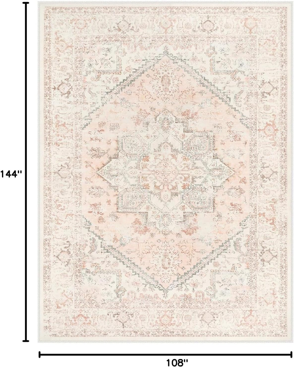 LIVEBOX Washable 9x12 Area Rug, Large Rugs for Living Room Boho Soft Non-Slip Rugs, Pink Low-Pile Vintage Medallion Rug, Retro Non-Shedding Indoor Carpet for Dining Room Bedroom Office