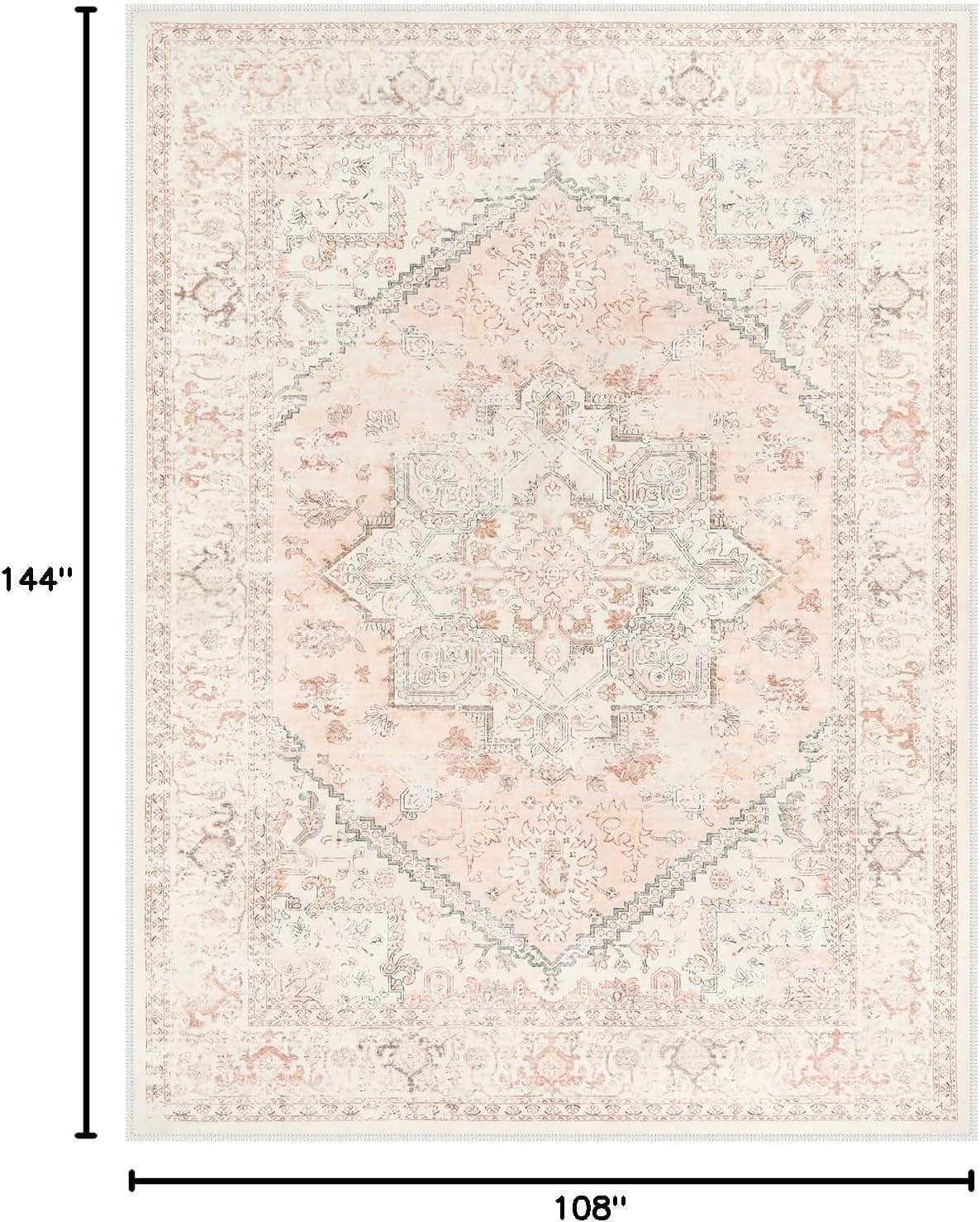 LIVEBOX Washable 9x12 Area Rug, Large Rugs for Living Room Boho Soft Non-Slip Rugs, Pink Low-Pile Vintage Medallion Rug, Retro Non-Shedding Indoor Carpet for Dining Room Bedroom Office