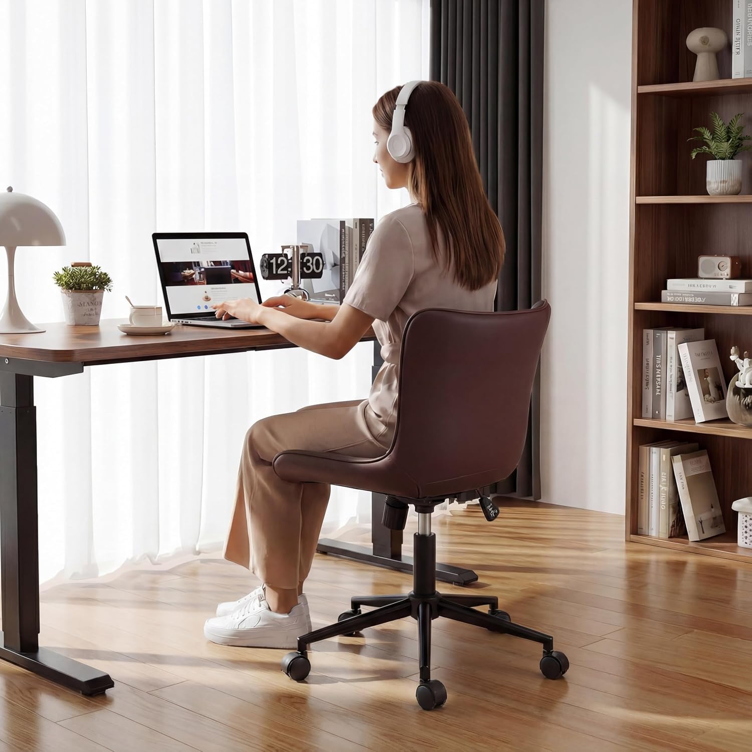 YOUNIKE Office Chair Brown, Armless Desk Chair with Wheels, Home Office Task Chairs, Modern Faux Leather Upholstered Adjustable Swivel Rocking Chair with Back