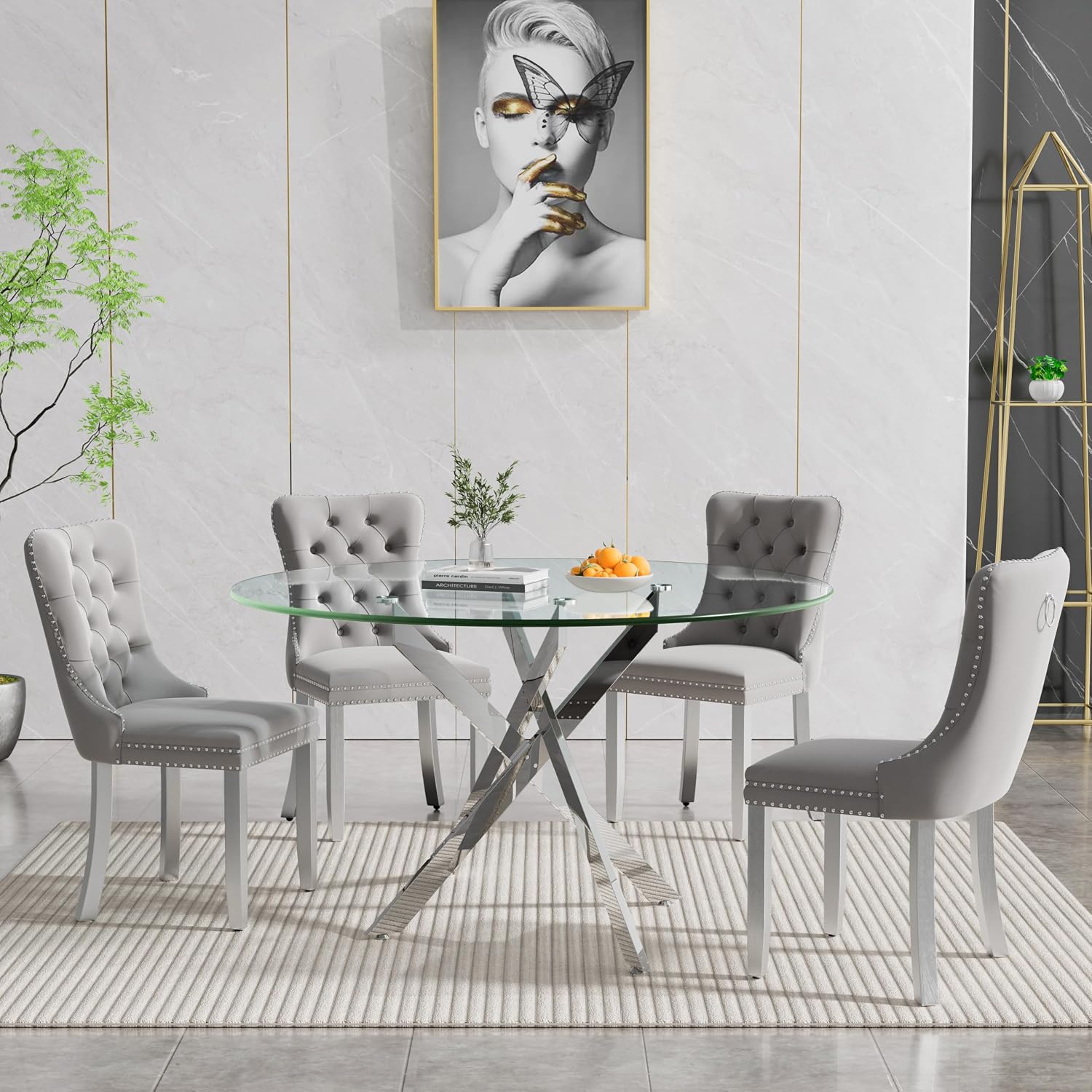 HomVent 5 Piece Round Glass Dining Table Set, Tempered Glass Dinner Table Set for 4 Kitchen Table Set with 4 Velvet Upholstered Chairs for Kitchen Dining Room