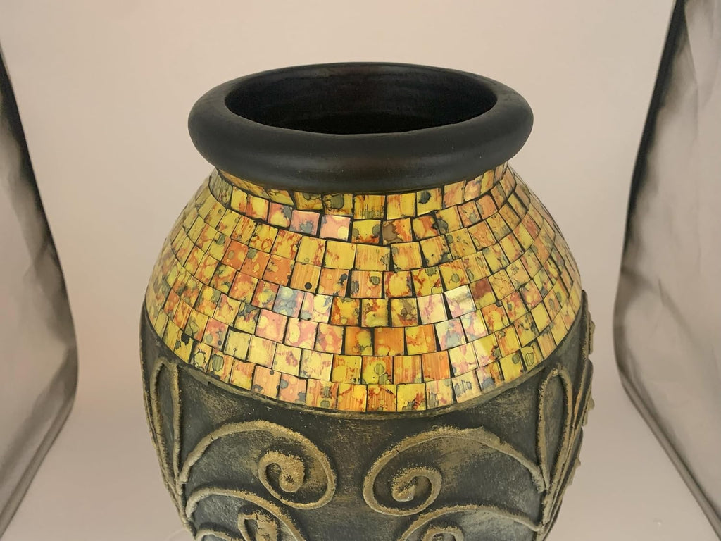 Floor Vase, 24 Inch Mosaic Vase – Tall Cylinder Made of Terracotta with Yellow and Orange Glass Mosaic Pieces – Handcrafted Decorative Home Decor Accent Piece for Bedroom, Living Room, Office