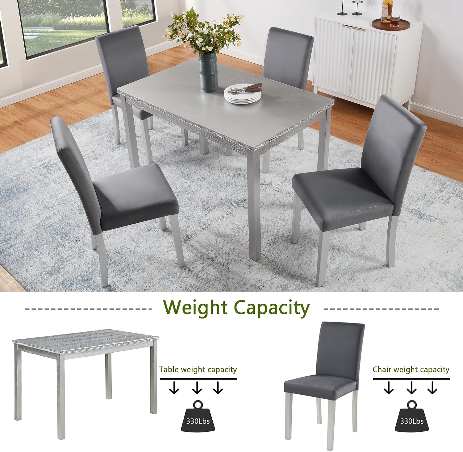 LUMISOL 5 Piece Wooden Dining Table Set, Farmhouse Kitchen Table Set with 4 Upholstered Chairs, Dining Room Table with Crystal Decoration and Chairs Set for Kitchen, Dining Room, Sliver Grey