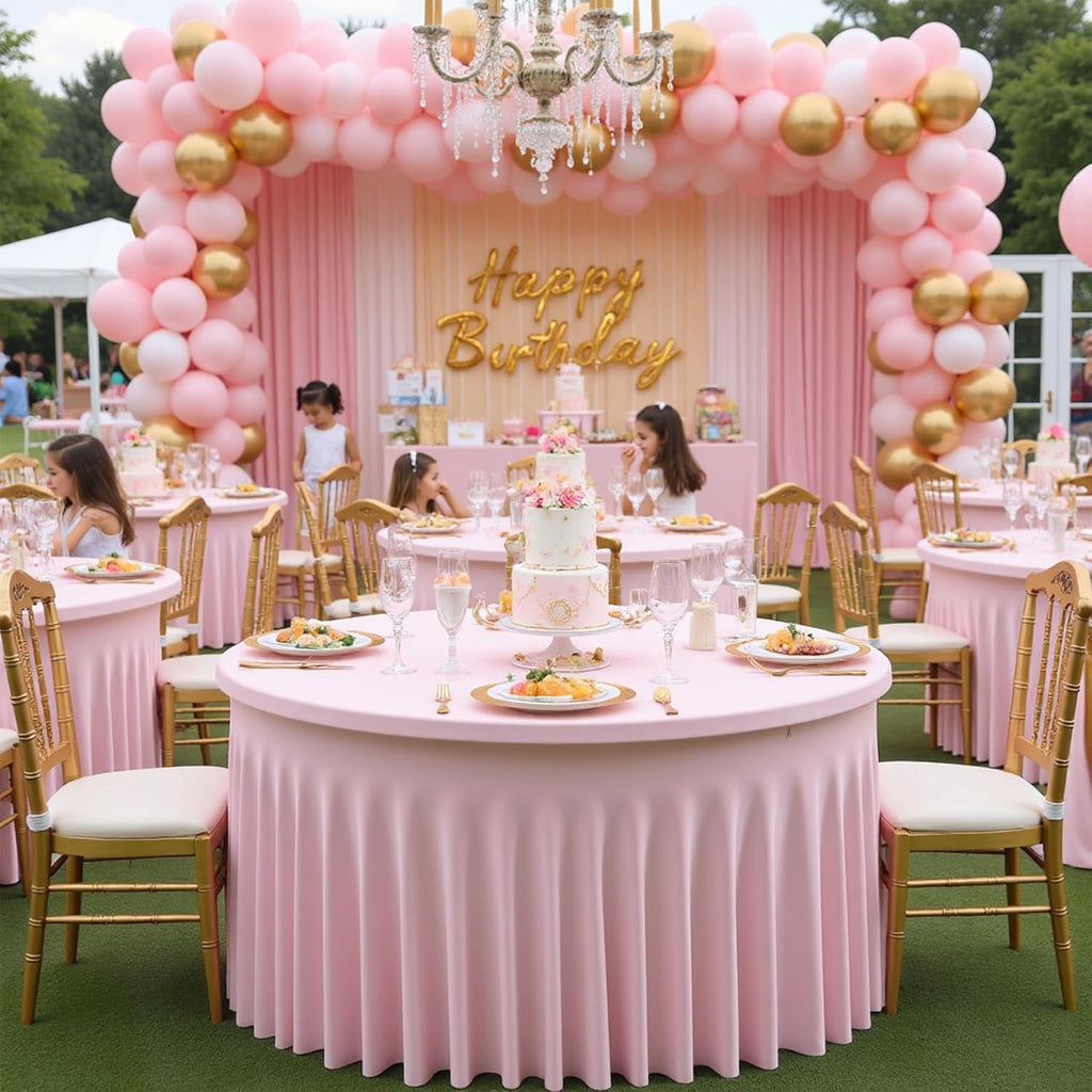 12 Pack Baby Pink Spandex Round Tablecloths for 60 inch Table, Wrinkle Free Stretchy 120inch Fitted 5FT Round Table Cloths Cover with Skirt for Wedding Party Dining Banquet Events