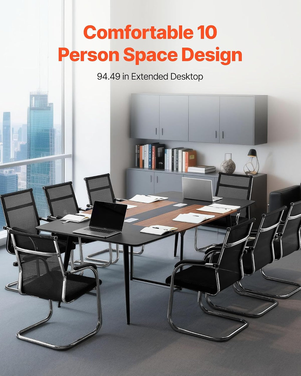 VEVOR Conference Table, 8 ft Boat Shaped Office Meeting Table for 10 Person, Modern Large Boat Meeting Desk with Metal Legs, Ideal for Office, Boardroom, Conference Room, Easy Assembly, Black & Brown
