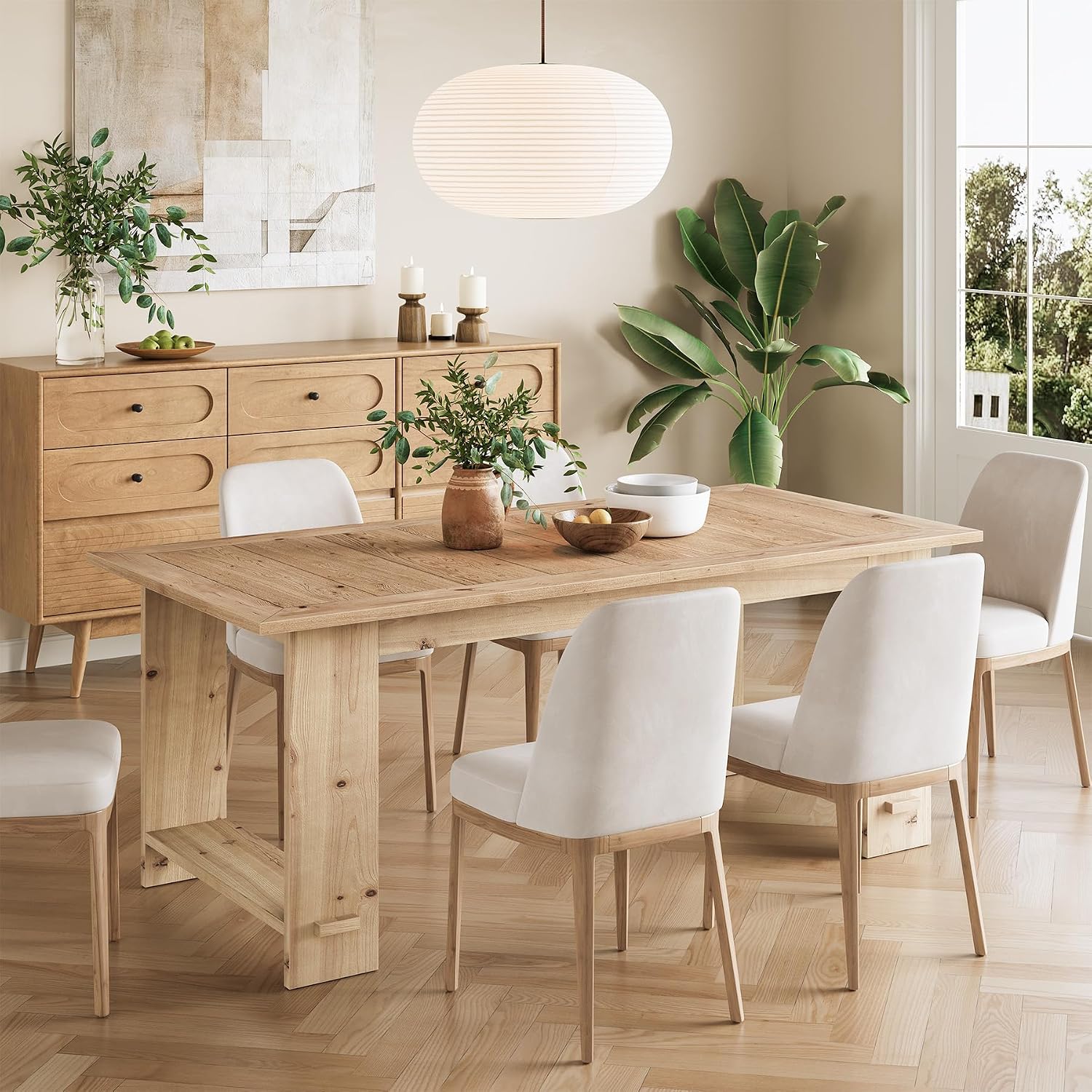 LITTLE TREE Solid Wood Dining Table for 4-6 People, 63 Inches Rectangle Kitchen Table with Heavy Duty Legs, Modern Wooden Furniture for Living Room, Dining Room, Wood Color