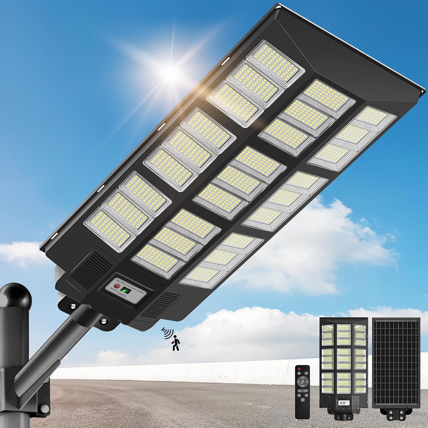 OKPRO 15000W Solar Street Lights Outdoor,Commercial Parking Lot Lights Dusk to Dawn, Waterproof Solar Security Flood Lights with Motion Sensor and Remote for Yard, Highways, Driveway,Farm