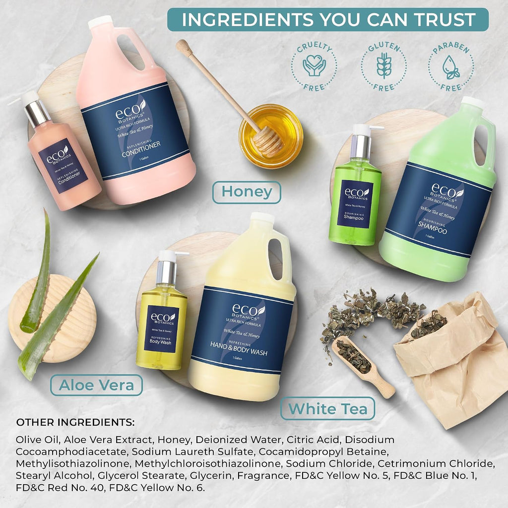 Terra Pure | Eco Botanics Gallon & Dispenser Set | 1-Shoppe Hotel Amenities Kit | Shampoo, Conditioner, Body Wash Gallon | Refillable 10.14oz Matching Pump Bottles
