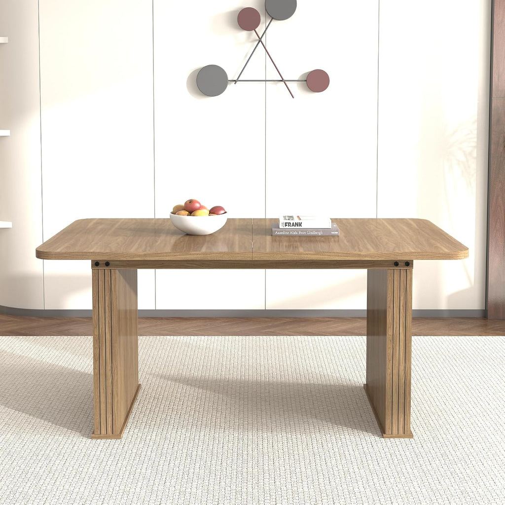 78.74'' Extendable Rectangular Dining Table for 4-8, Modern Mid-Century Wood Expandable Kitchen Dinner Conference Table for Living Room Office, Double Robust Pedestal, Brown