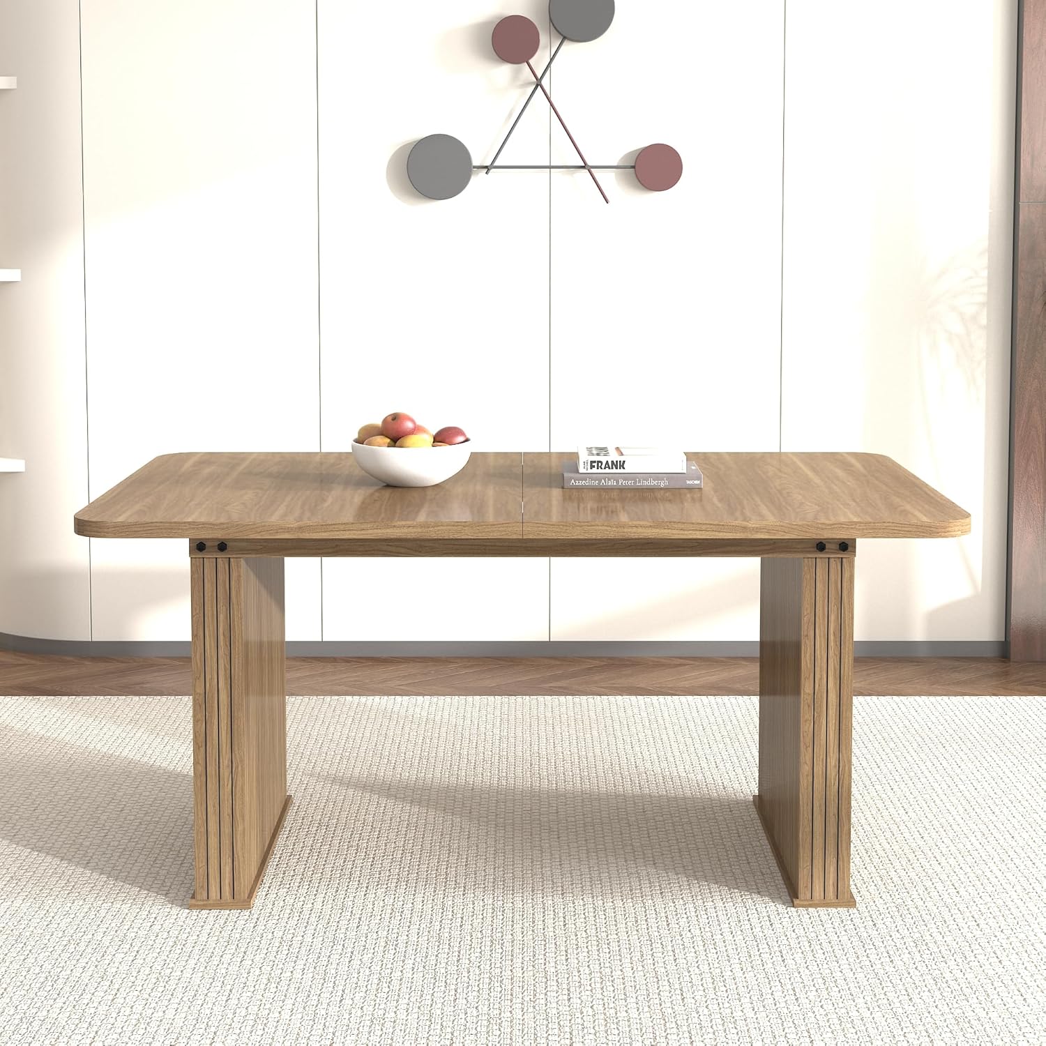 78.74'' Extendable Rectangular Dining Table for 4-8, Modern Mid-Century Wood Expandable Kitchen Dinner Conference Table for Living Room Office, Double Robust Pedestal, Brown