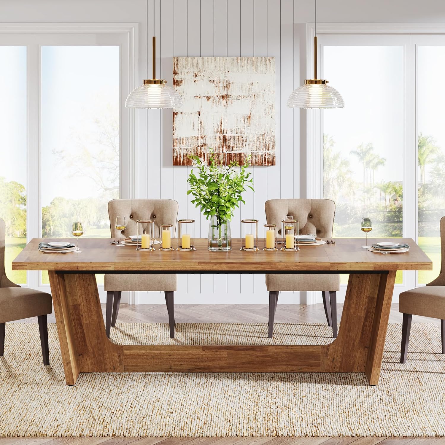 Tribesigns 70.87-Inch Large Dining Table: Wood Long Dining Room Table for 6-8, Rectangular Farmhouse Kitchen Dinner Table with Solid Pedestal, Yellow Brown