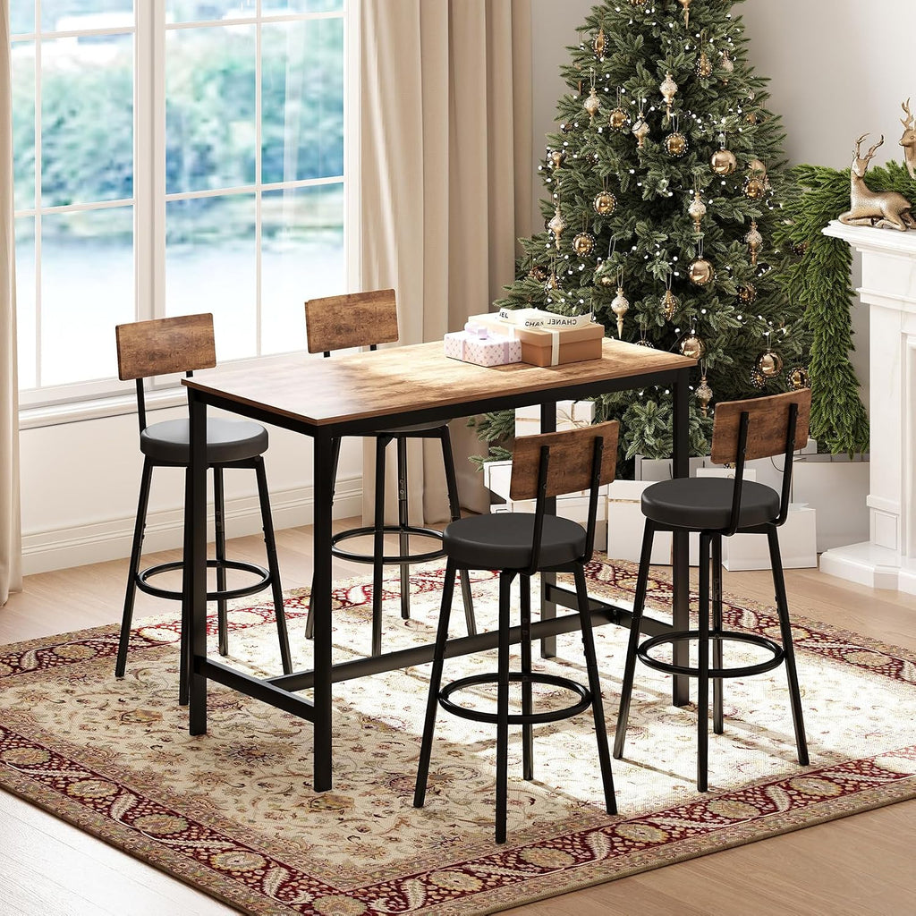 Zevemomo 5-Piece Dining Table Set, Bar Table Set for 4, Kitchen Table and Chairs, Counter Height High Top Table with 4 PU Upholstered Stools, Space-Saving Pub Table Sets for Small Space, Brown & Black