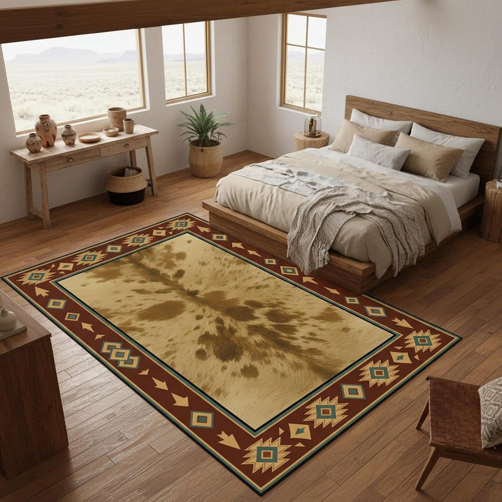 Western Cowhide Area Rug 5'x8' Southwestern Aztec Rustic Ranch Carpet, Faux Hide Print, Non Slip Washable Low Pile Rug for Living Room Bedroom Farmhouse Cabin Decor