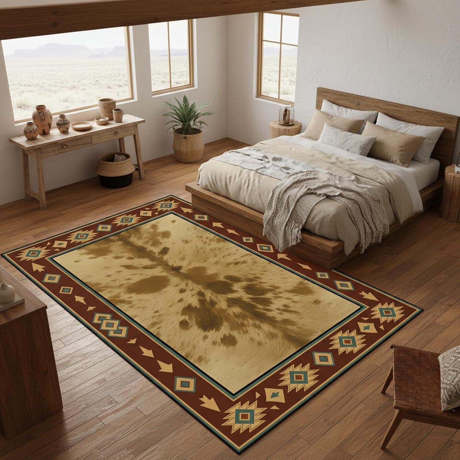 Western Cowhide Area Rug 5'x8' Southwestern Aztec Rustic Ranch Carpet, Faux Hide Print, Non Slip Washable Low Pile Rug for Living Room Bedroom Farmhouse Cabin Decor
