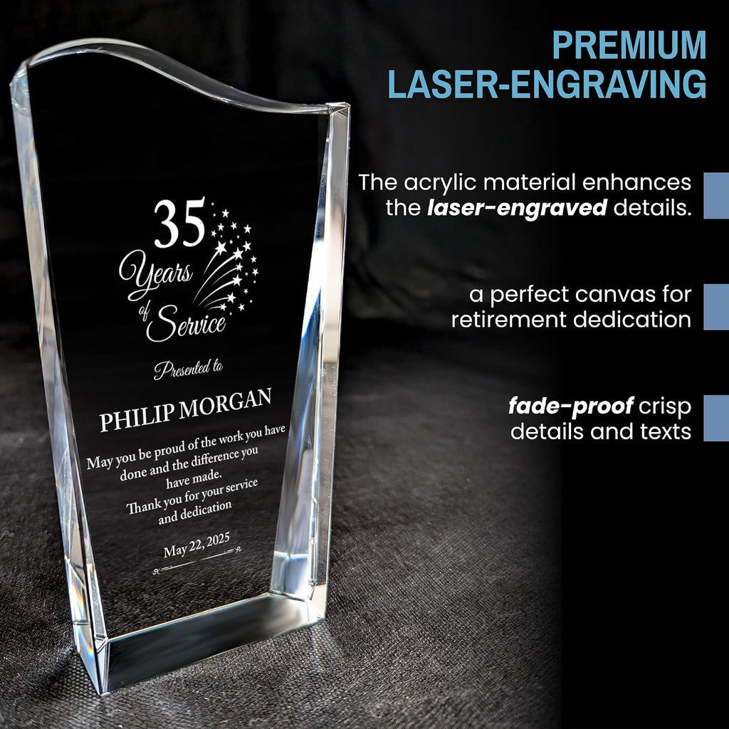 Personalized Acrylic Retirement Gifts For Men and Women, Laser Engraved Custom Trophy for Service Recognition, Years Of Service Retirement Trophy Award for Boss, Employee, Teacher (Crystal Facet Wave)