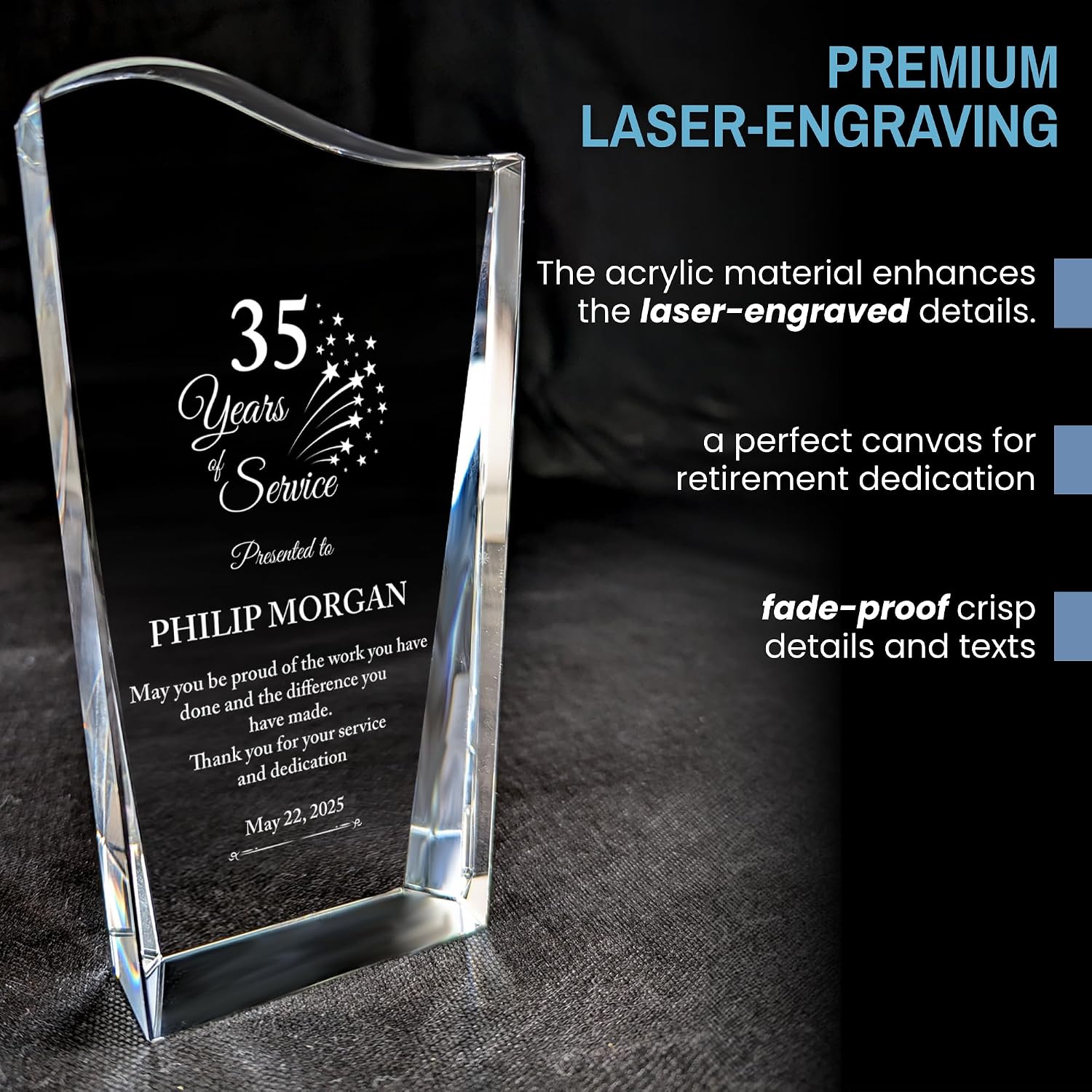 Personalized Acrylic Retirement Gifts For Men and Women, Laser Engraved Custom Trophy for Service Recognition, Years Of Service Retirement Trophy Award for Boss, Employee, Teacher (Crystal Facet Wave)