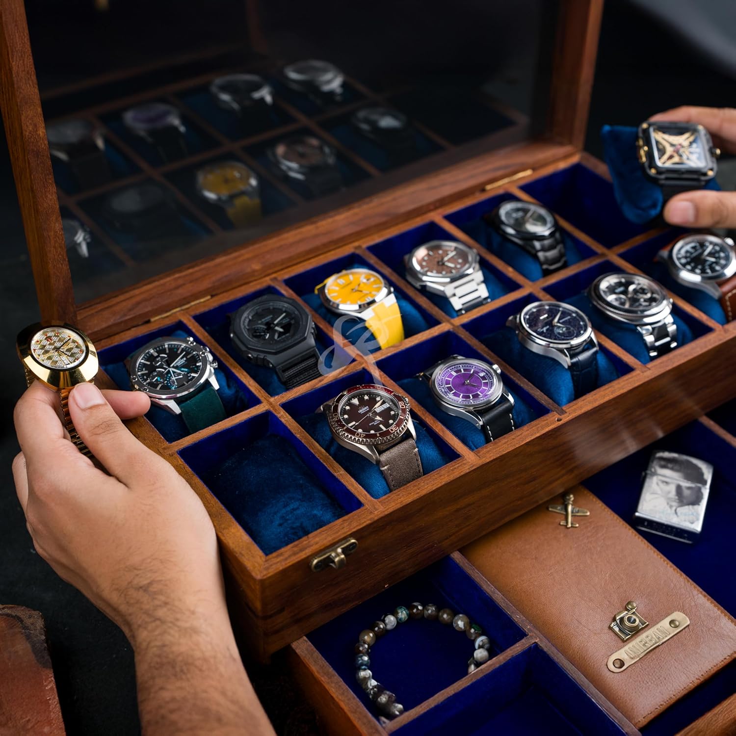 Royal Craft Expertise Personalized Watch Box with Drawer, Indian Rosewood Watch Box for Men, Handmade Watch Case, Custom Mens Drawer Watch Box with Velvet Lining, Made for Special Days.