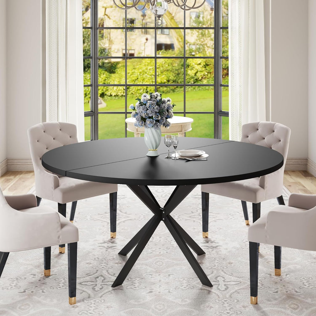 47.24' Round Dining Table, Modern Dining Room Table for 4-6 Person, Wood Round Kitchen Table with Metal Legs, Round Coffee Table for Home Dining Room Living Room (Black)