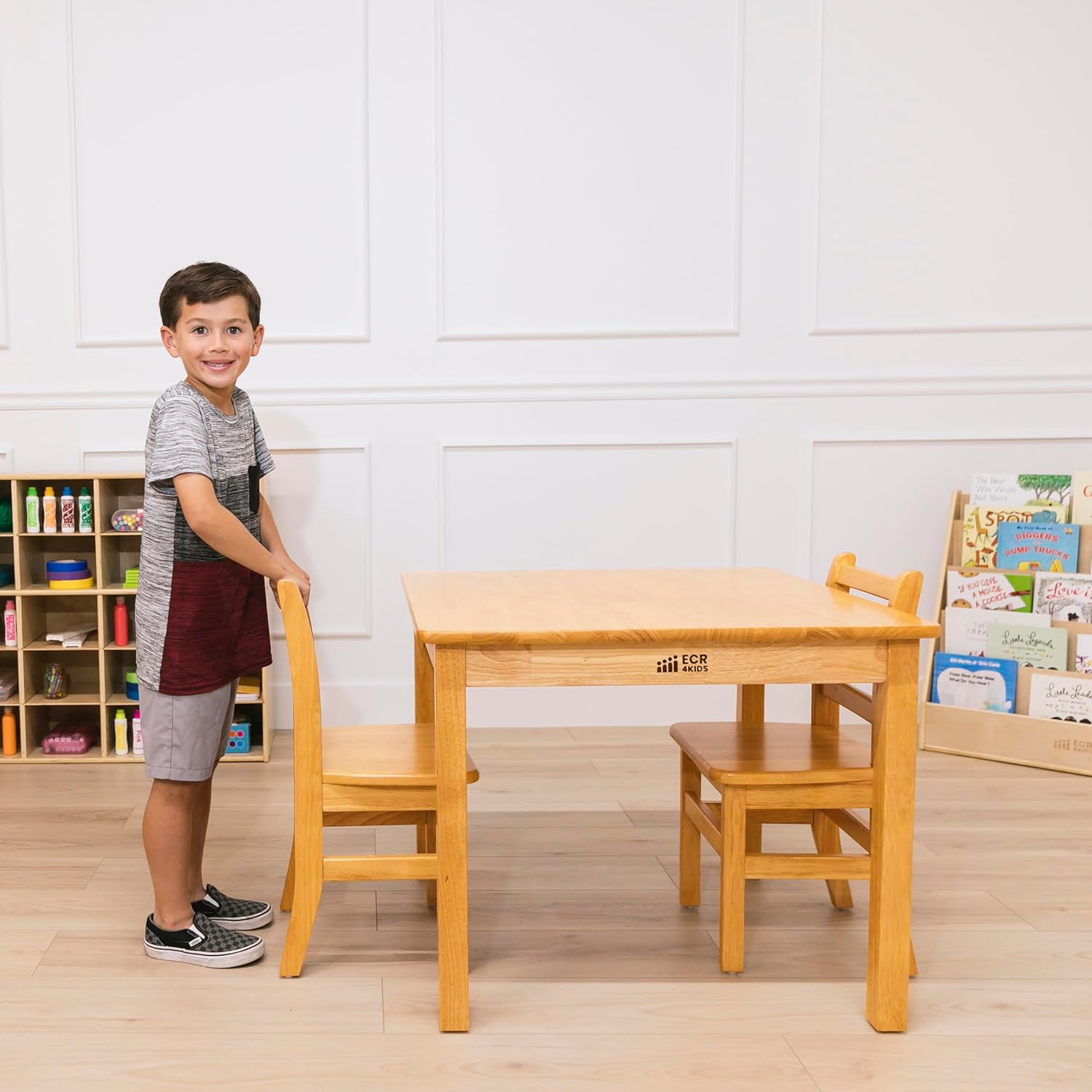 ECR4Kids 30in D Square Hardwood Table with 24in Legs and Two 14in Chairs, Kids Furniture, Honey, 3-Piece