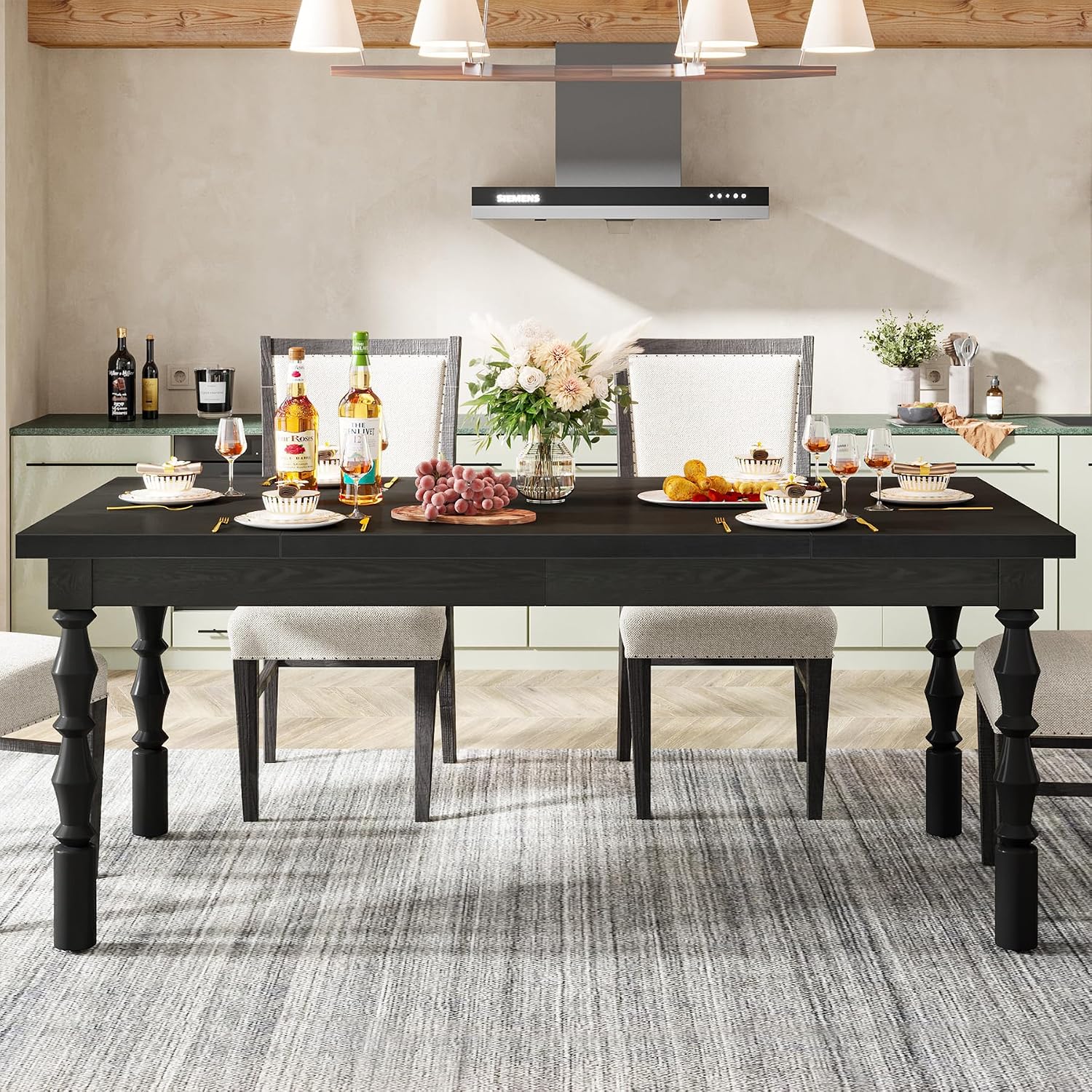 Tribesigns 62' Wood Dining Table for 4-6 People, Farmhouse Large Rectangle Kitchen Table, Modern Dinner Table Kitchen & Dining Room Furniture with Carved Turned Legs