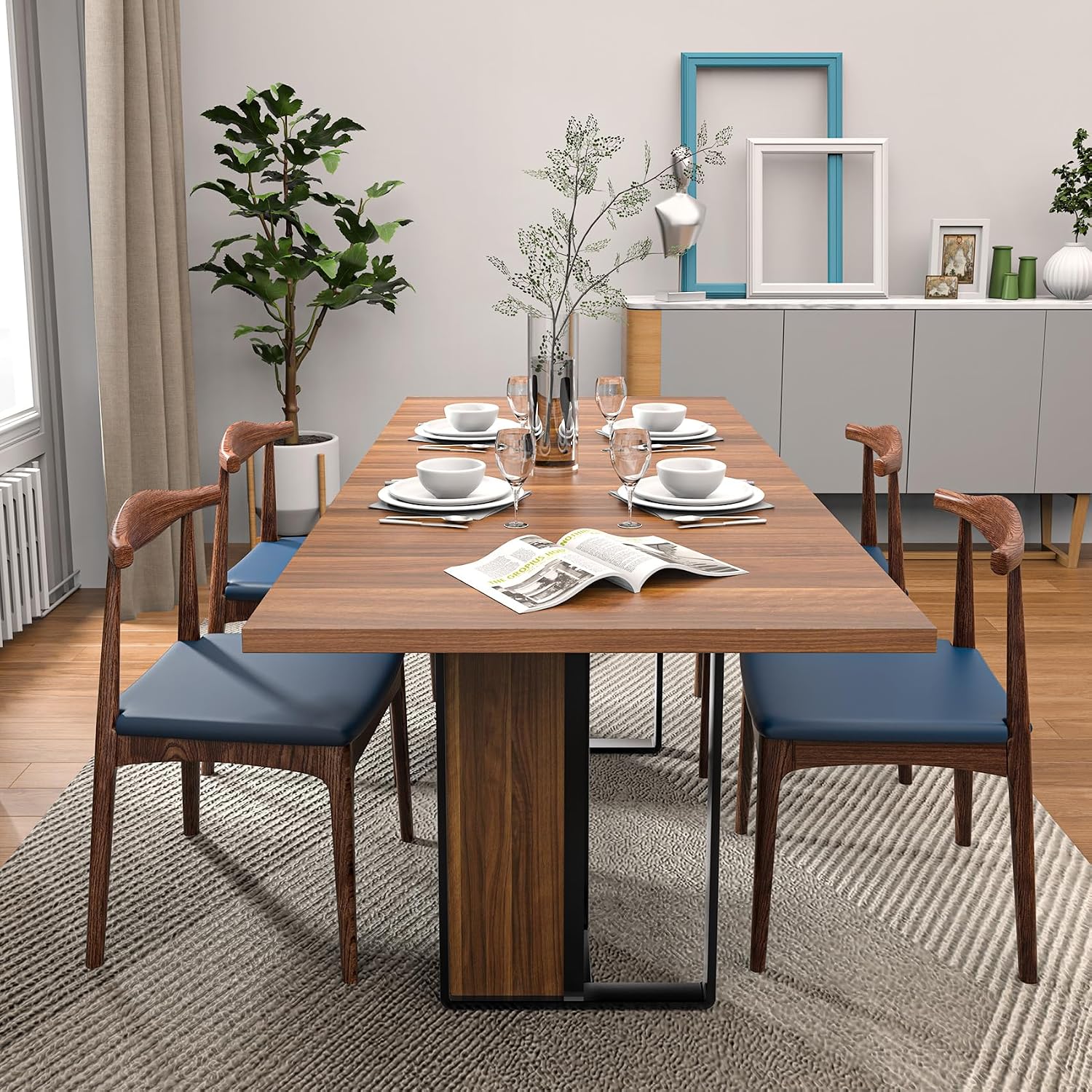 Bigbiglife 71 inch Dining Table for 6-8, Farmhouse Kitchen Table with Large Tabletop, Rectangular Dinner Eating Table W/Thickness Waterproof Wood Tabletop & Foot Pad, for Kitchen, Dining Room, Brown