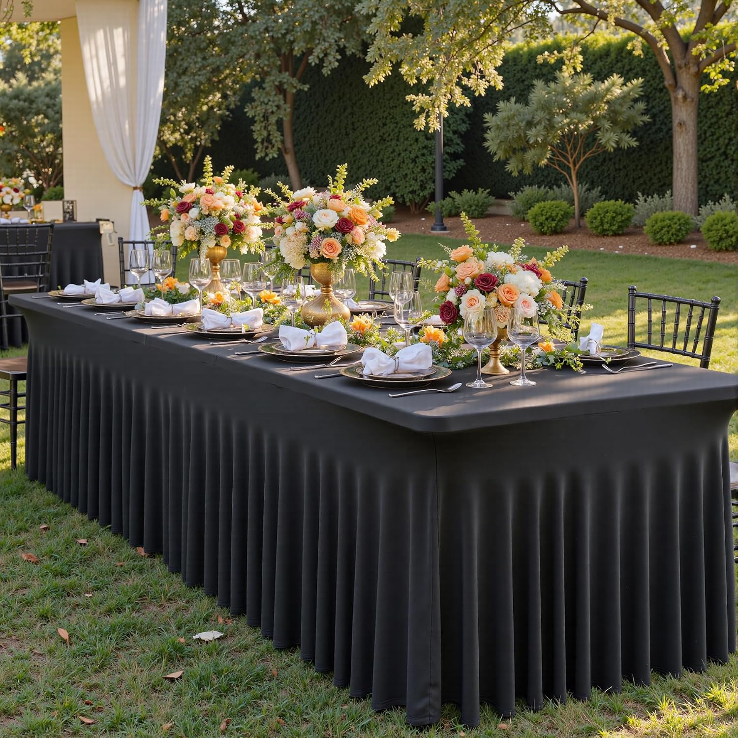 leegleri Black Spandex Table Clothes for 8 Foot Rectangle Tables, 8 Pack Wrinkle Free Rectangle Table Cloth 8ft Stretch Fitted Tablecloths with Skirt for Parties Weddings Birthday Banquet Baby Shower