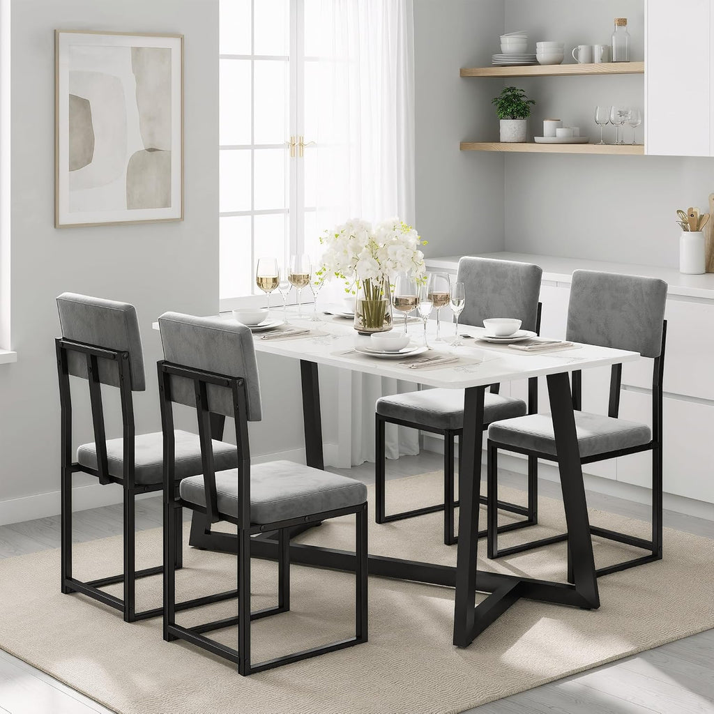 HUGROVE 5 Piece Dining Set, 47.24'' Faux Marble Dining Table Set for 4, Modern Minimalist Kitchen & Dining Room Set with Upholstered Chairs for Small Spaces, Apartments (Charcoal Velvet)