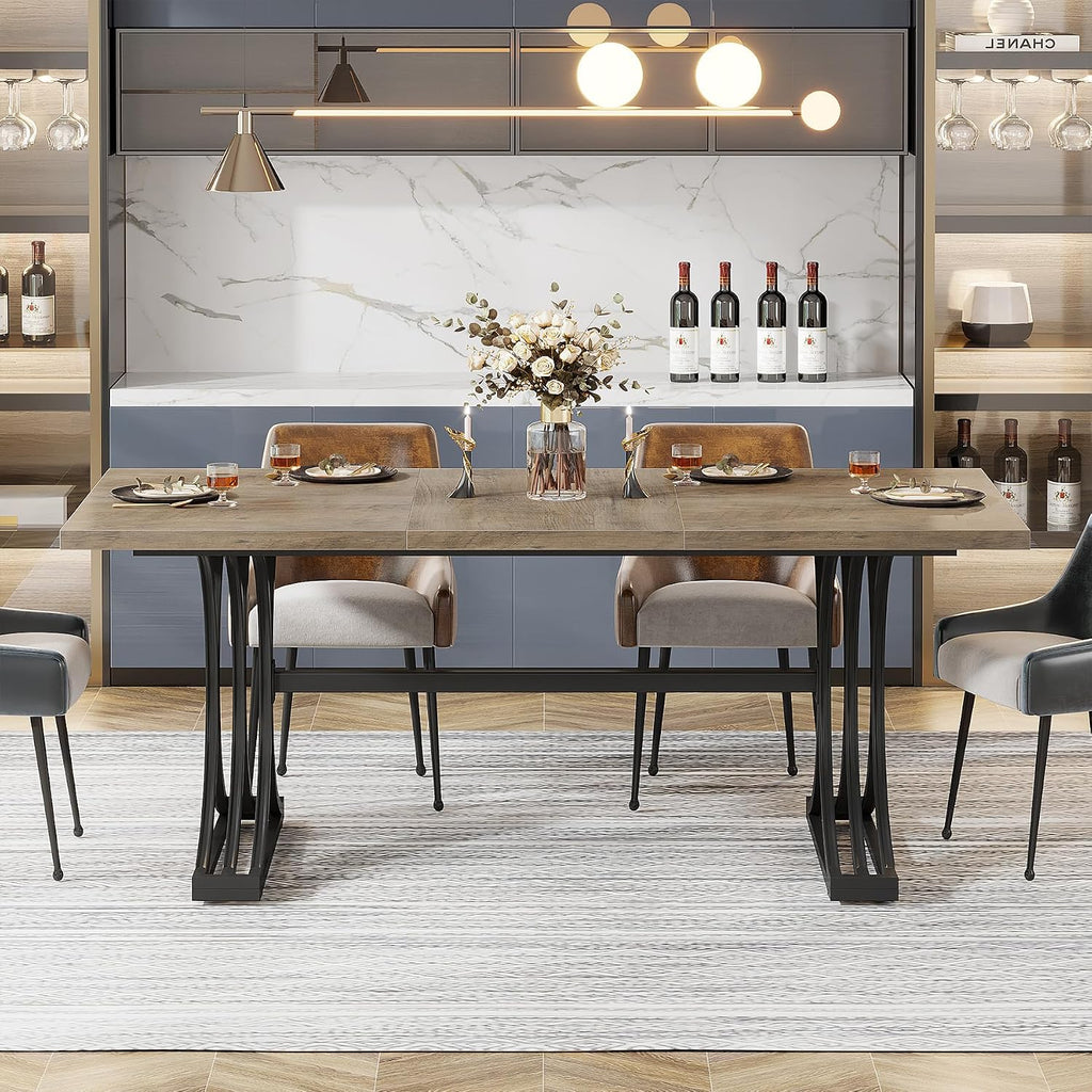 Tribesigns 63-Inch Rectangular Dining Table for 4 to 6, Modern Kitchen Tables with Stylish Metal Trestle Legs, Large Dinner Table for Dining Room, Only Table (Grey+Black)