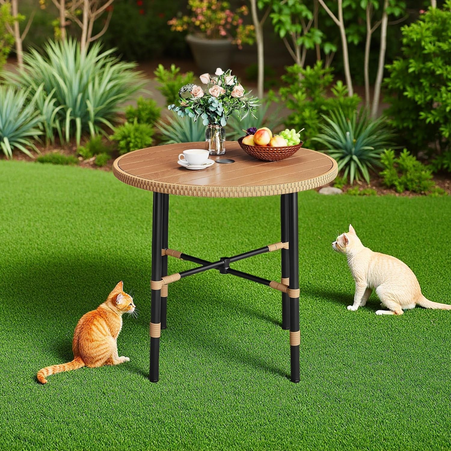 DWVO Outdoor Patio Dining Table Round for 4 35.4' Outdoor Tables with Umbrella Hole & Adjustable Levelers All-Weather Bistro Table with Metal Frame for Lawn Garden Backyard