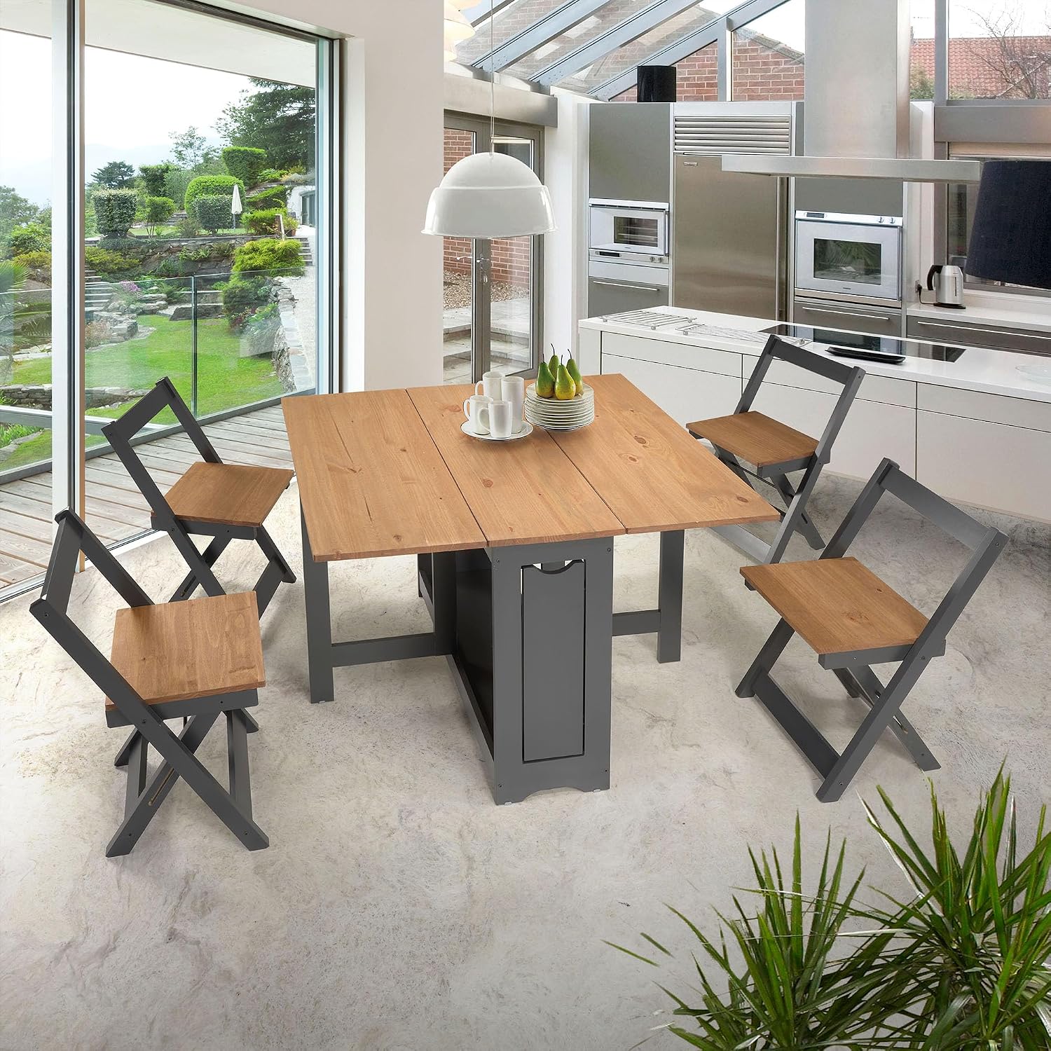 SECONIQUE Santos Butterfly Folding Dining Table Set with 4 Chairs – Space-Saving Table with Nesting Chairs and Storage Shelf – Dark Gray & Distressed Pine Finish