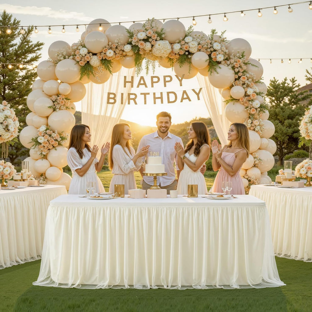 4 Pack 8ft Ivory Tulle Tablecloths for Rectangle Tables, 8 Foot Ivory Rectangular Table Cloth Wrinkle Free Tablecover with Tutu Skirt for Wedding Baby Shower Birthday Party Banquet Buffet Cake