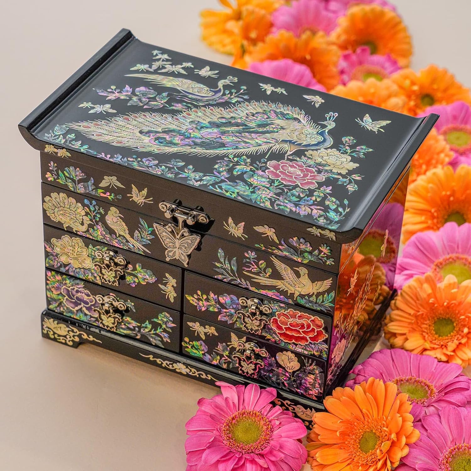 February Mountain Mother of Pearl Wooden Jewelry Organizer Box – Jewelry Storage Box for Women, Features Spacious Drawers, Ideal for Rings, Bracelets, Watches, Chains, Accessories (Peacock)