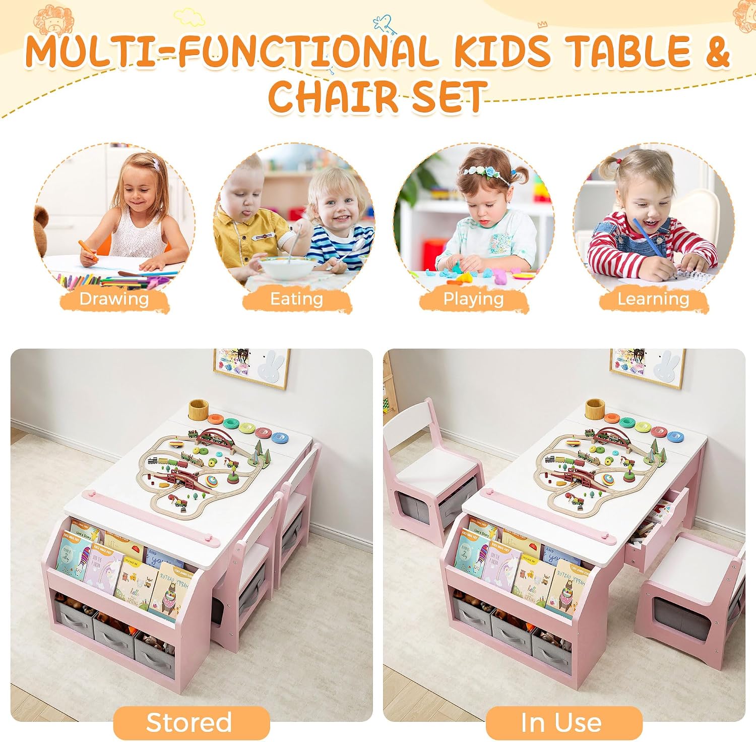 5-in-1 Kids Art Table and Chairs, Wood Toddler Table and Chair Set with Storage Drawers, Craft Play Desk for Kids, Convertible Art Easel with Paper Roll Holder, Children Activity Learning Center-Pink