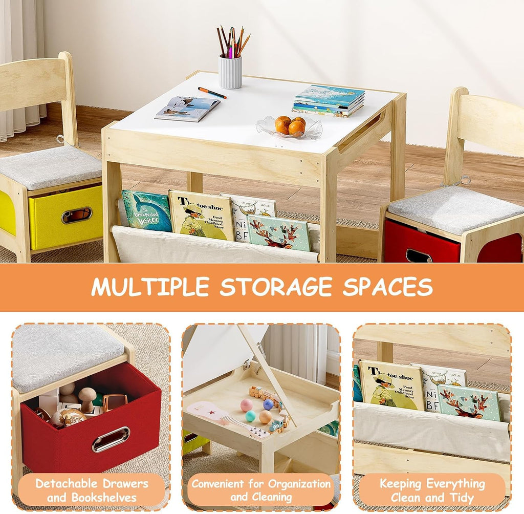 EXPERLAM Kids Table and 2 Chairs Set, Wooden Toddler Activity Table with Adjustable Drawing Tabletop, Safety Hinges, Storage Drawers &Bookshelf for Playroom, Nursery, Ages 1-6, Burlywood