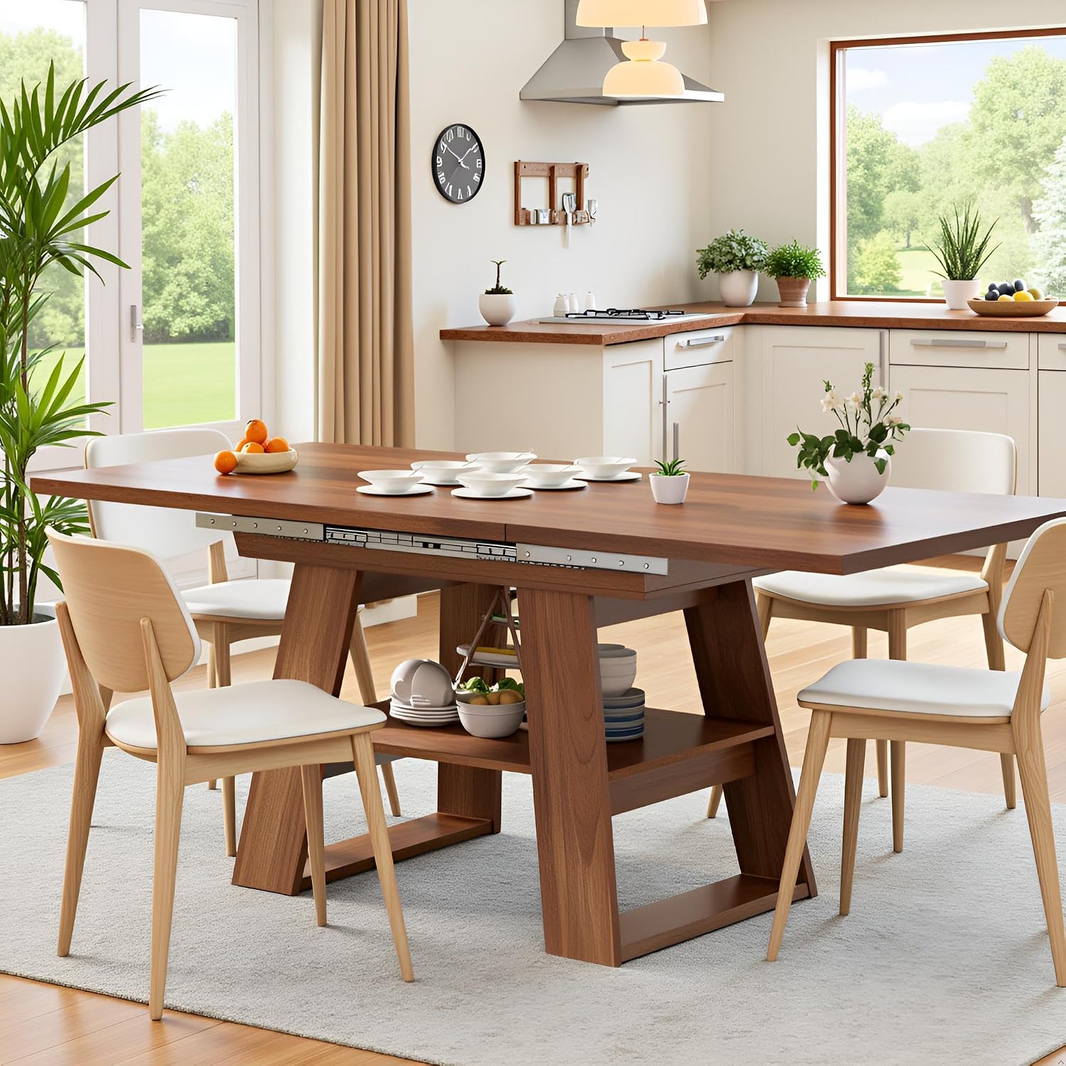 Lxsxlome 47.24''-66.92'' Extendable Dining Room Table for 4-6, Rectangle Extendable Kitchen Table with Removable Leaves, Space Saving, Wooden Dining Table with Storage Shelf (Style 2, Walnut)
